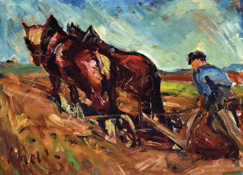 Karl Scheld, 1895 Lich/Oberhessen-1936 Darmstadt, paysan labourant, en bas à gauche