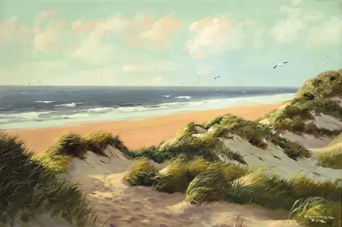 Curt Störmer, 1891-1976, paysage de dunes avec vue sur la mer, huile/toile, signé en bas à droite