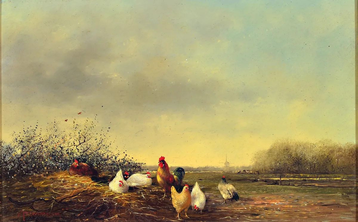 Fred Johannes Frauenfelder, geb. 1945, kippen voor landelijk decor, linksonder