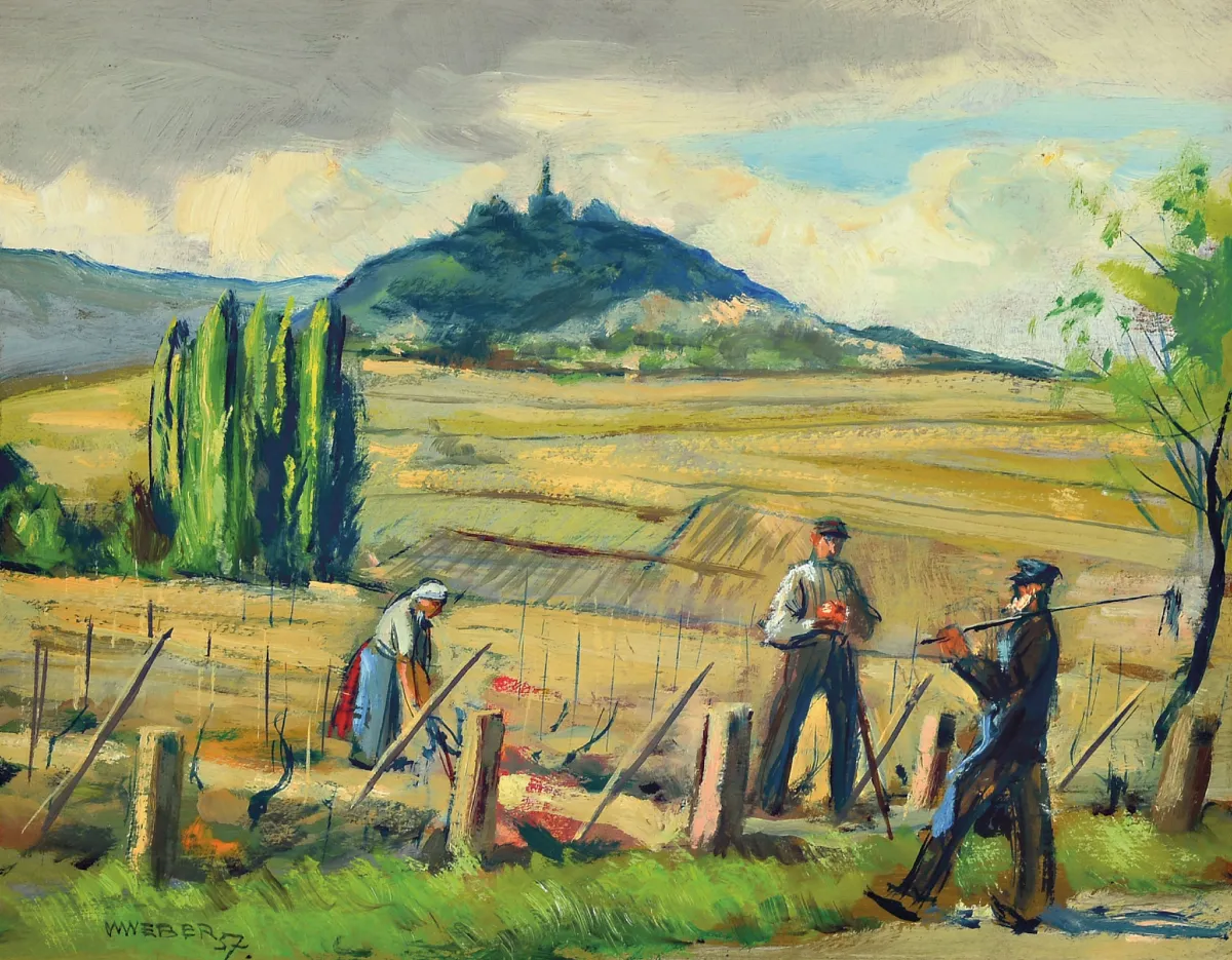 Willy Weber, 1895-1959 Ludwigshafen, Aquarell, Landschaft bei Wachenheim mit Winzern bei