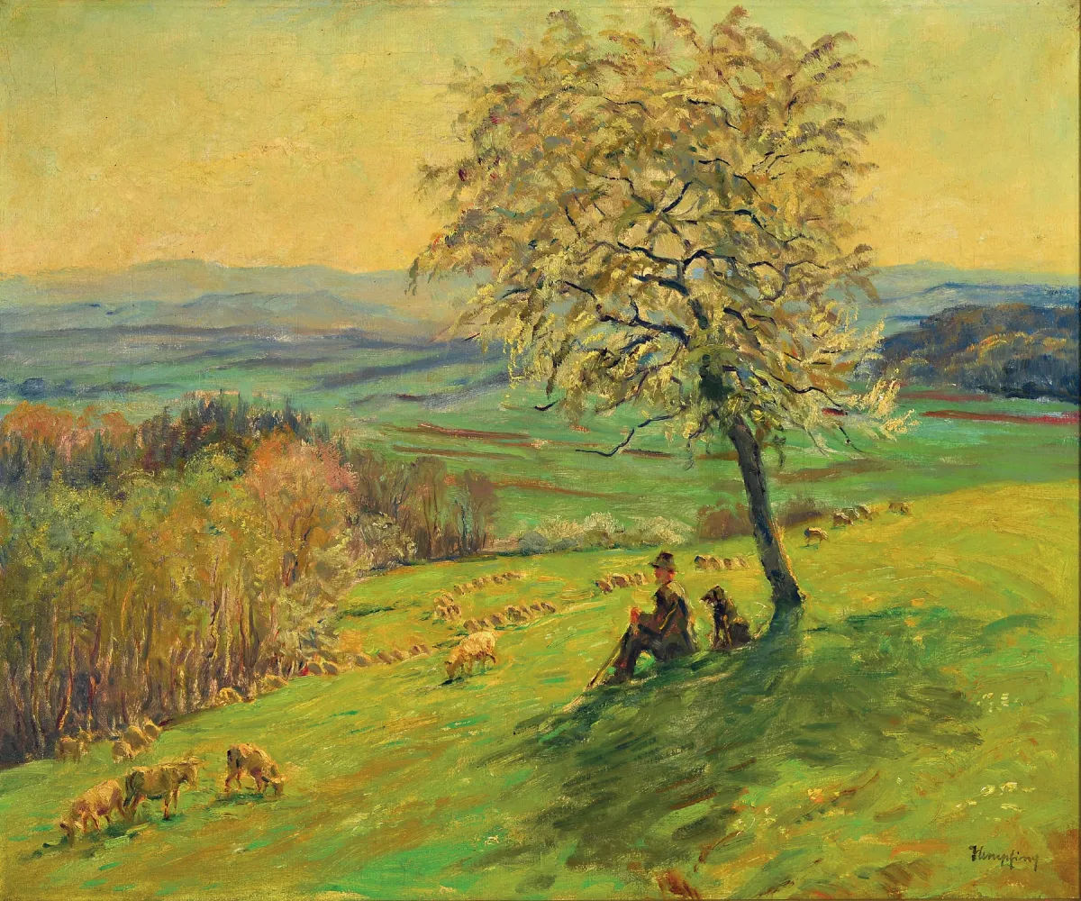 Wilhelm Hempfing, 1886 Schönau-1948 Karlsruhe, Schäfer mit seiner Herde in weiter
