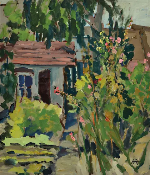 Heinz Reiss, 1923 Haßloch-2008, jardin potager derrière la maison, monogrammé, huile/toile,