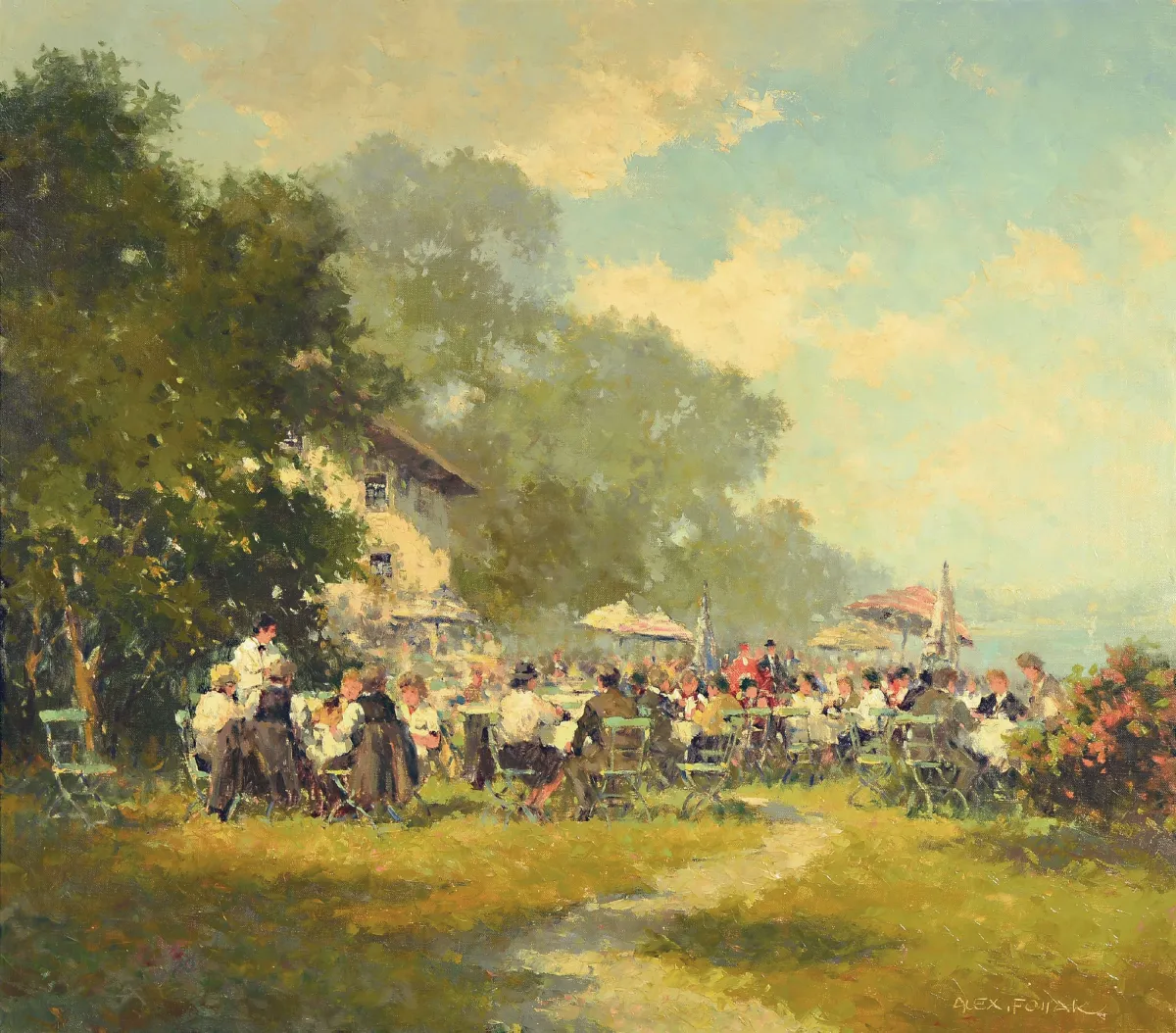 Alexander Follak, 1915 Moskou-2006 München, Levendige biertuinscène aan een