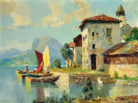 E. Winning, peintre allemand du 20e s., Paysage au lac de Garde, huile/toile, en bas à gauche