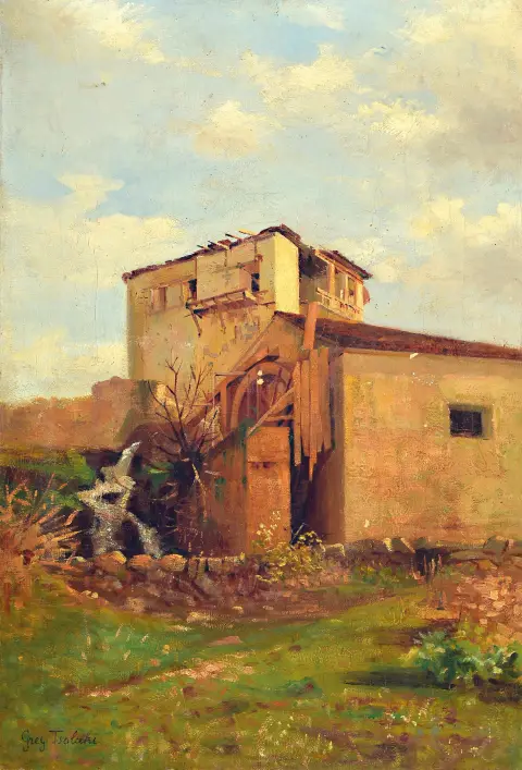Gregor Tsolaki, peintre vers 1900, Vue sur un moulin, huile/toile, signé en bas à gauche, env.
