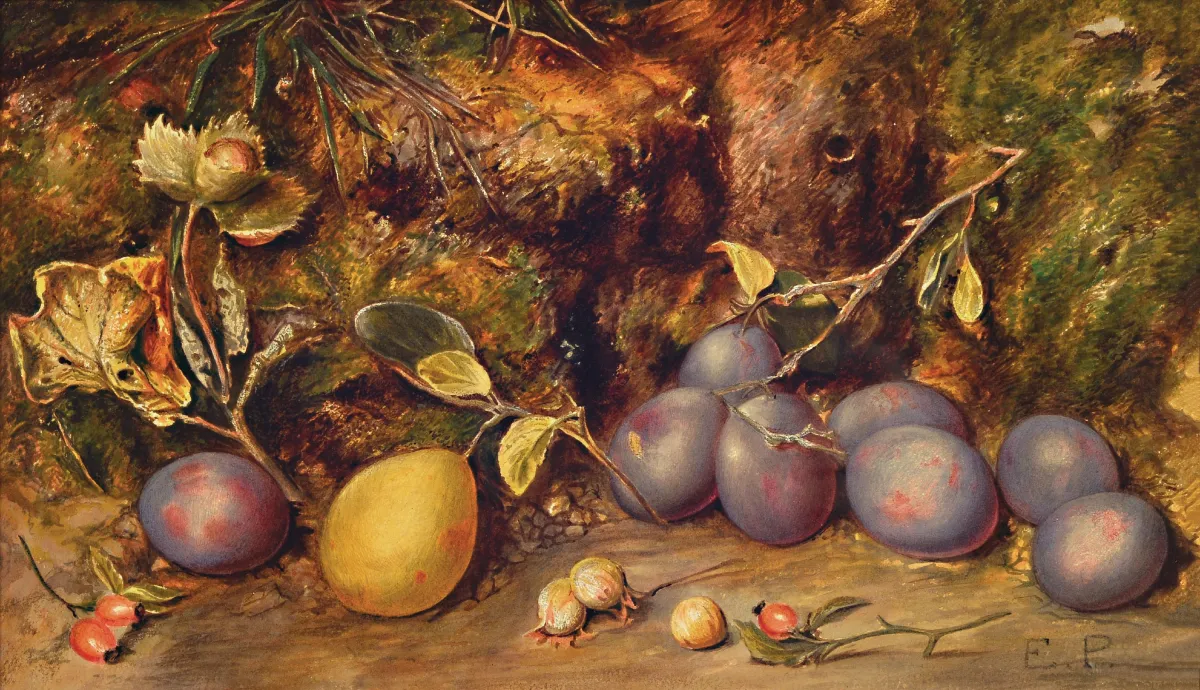 Ernest Preyer, 1842 Manchester-1917 Düsseldorf, bosstilleven met pruimen,