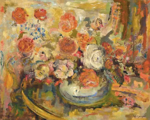 W. Geiger, peintre du milieu du 20e s., intérieur avec riche nature morte florale,