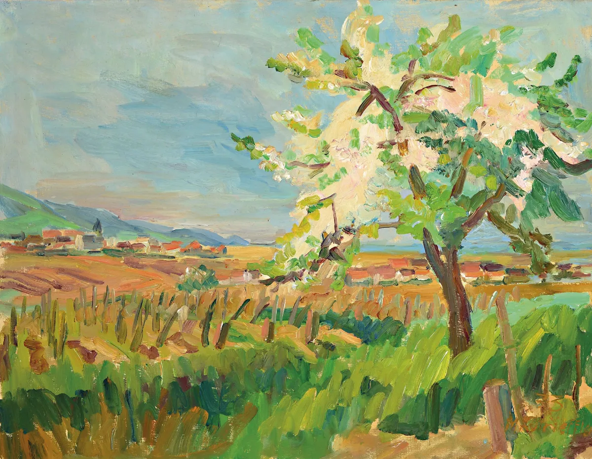 Marie Strieffler, 1917-1989 Landau, pfälzer Rebenlandschaft mit blühendem Mandelbaum,