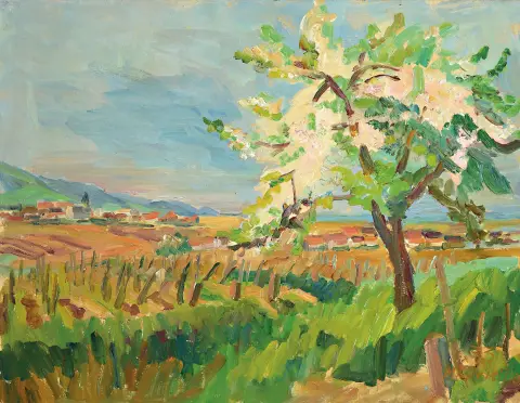 Marie Strieffler, 1917-1989 Landau, paysage viticole palatin avec amandier en fleurs,