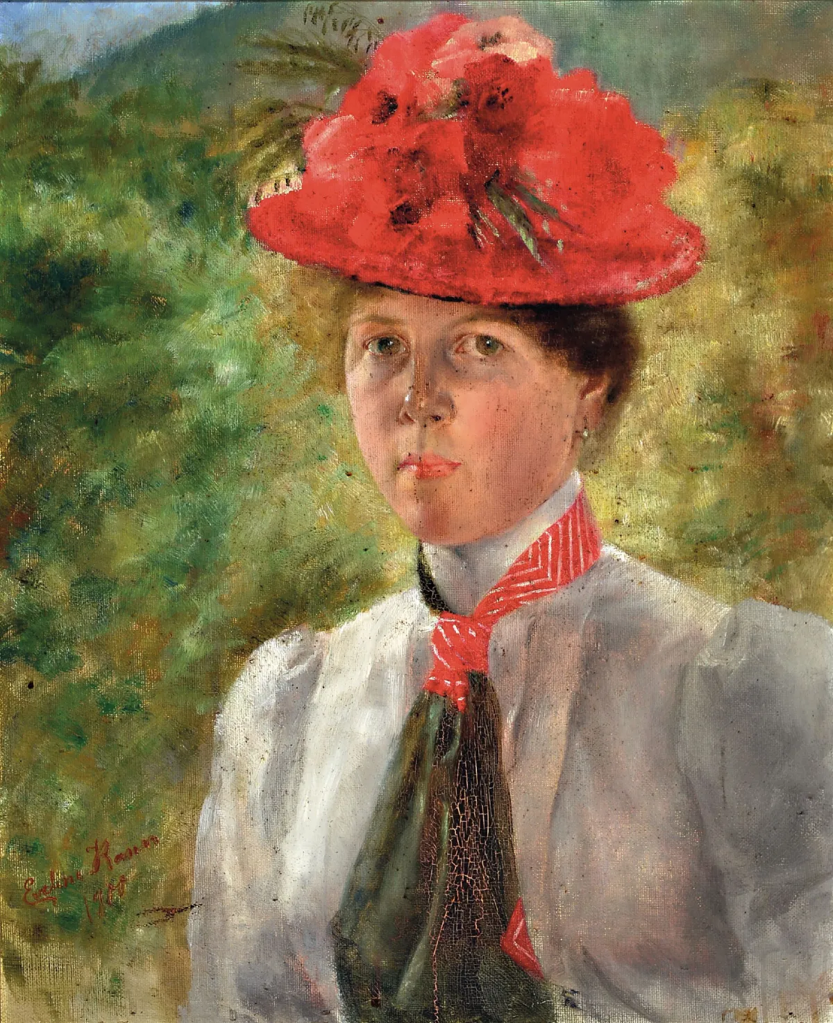 Eveline Kann, datowany 1900, portret młodej kobiety w kapeluszu z kwiatami, olej/płótno,
