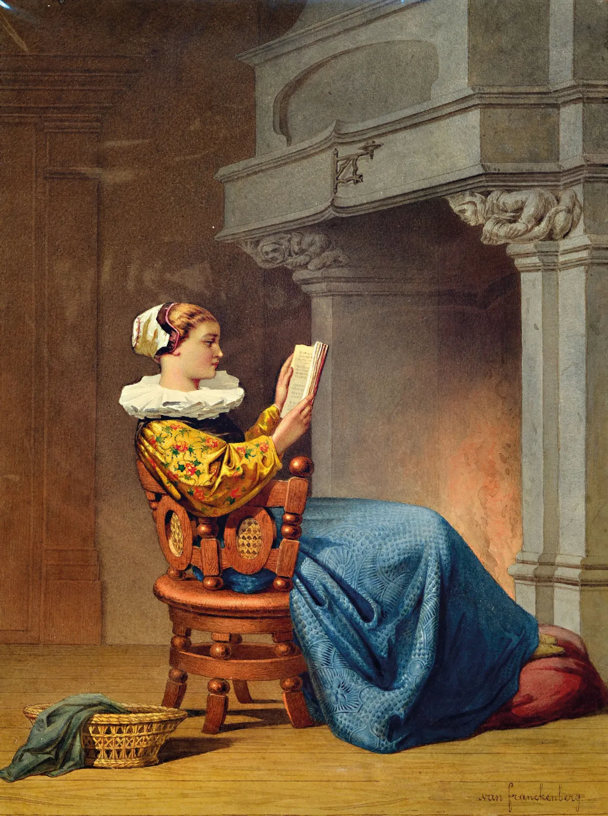 Desiré Oscar van Franckenberg, 1822-1907, Junge Frau lesend vor dem Kamin, feines