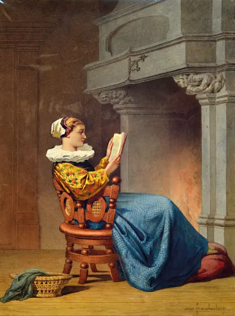 Desiré Oscar van Franckenberg, 1822-1907, jeune femme lisant devant la cheminée, fine