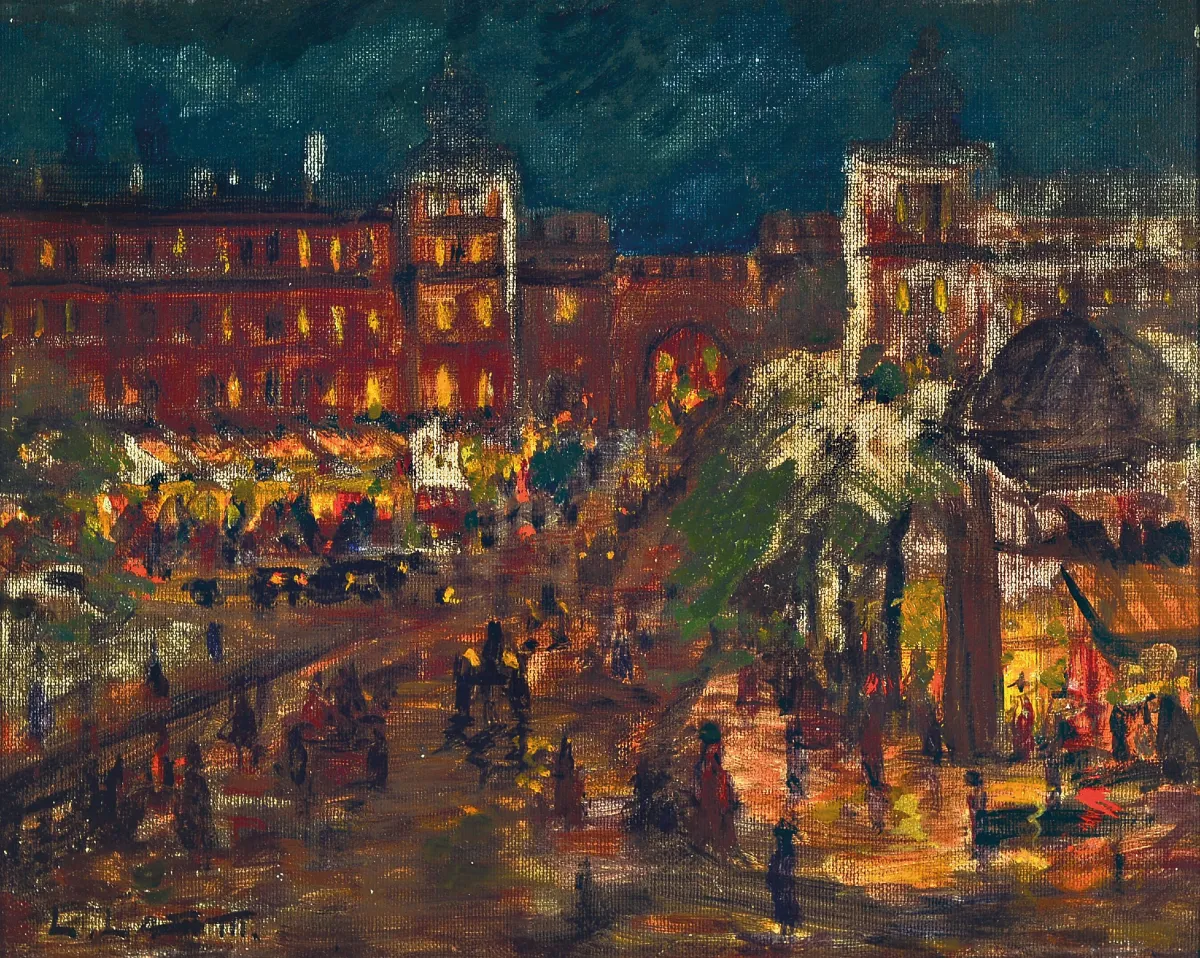 Leonid Lamm, 1878 Potolsk-1926 Mnichov, rušné centrum města večer, olej/karton