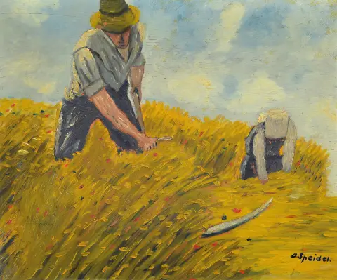 O. Speidel, peintre de la 1re moitié du 20e s., scène de moisson, huile/bois, en bas à droite