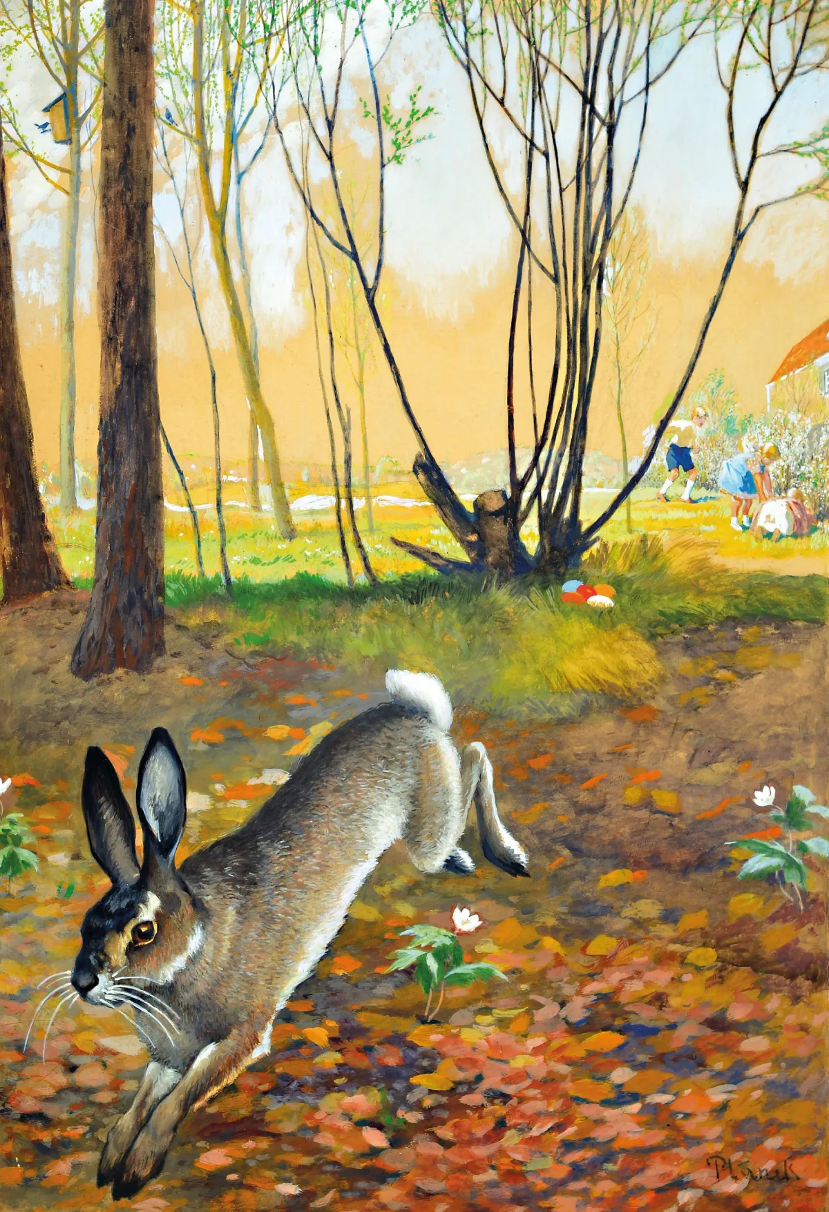 Planck, Künstler des 20.Jh., Ostermotiv: davon springender Osterhase vor suchenden