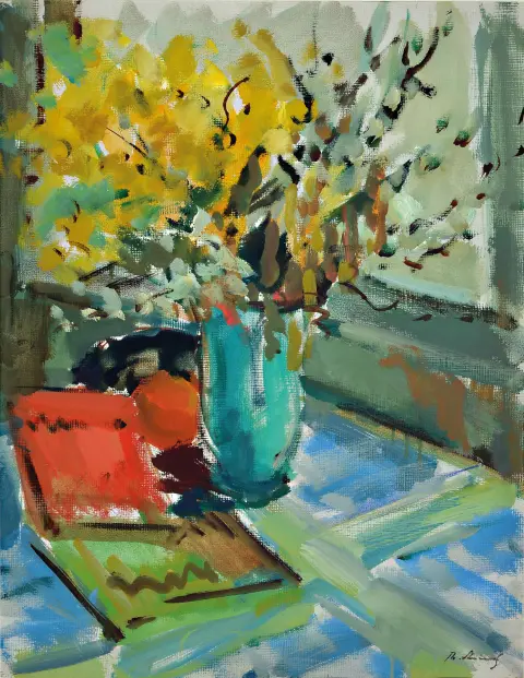 Philippe Steinmetz, 1900-1987 Landau, 2 aquarelles : 1) Fleurs devant la fenêtre, en bas à droite