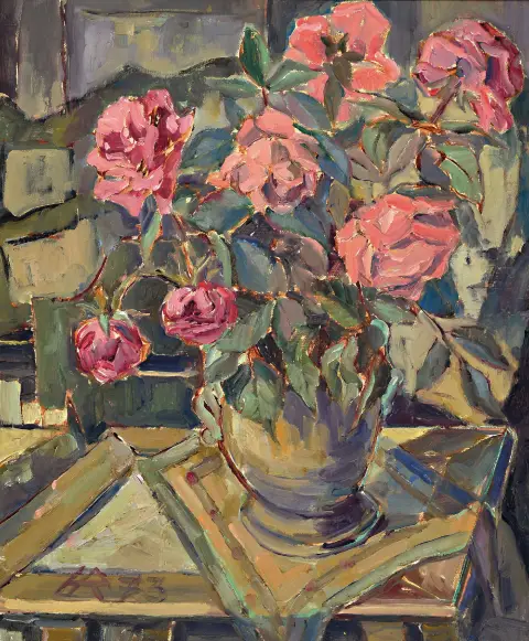 Heinz Reiss, 1923 Haßloch-2005, nature morte avec roses rose-rouge, en bas à gauche