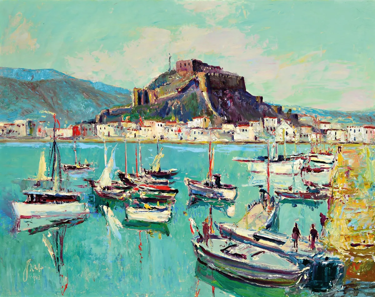 Karl Graf, 1902 Rothenburg-1986 Speyer, Denia, Ansicht des spanischen Hafens mit