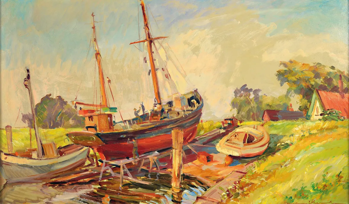 Hermann Wehrmann, 1897 Hamburg-1977 Glückstadt, shipyard on the Lower Elbe, verso