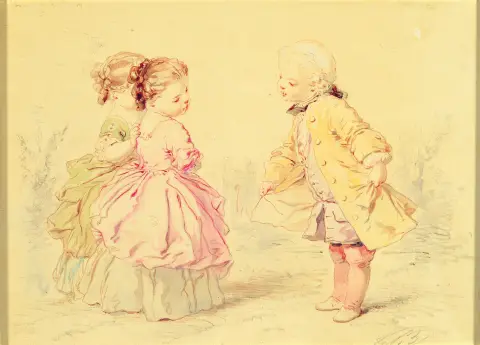 Gustave de Beaumont, 1851-1922, deux petites filles rencontrent un petit garçon,