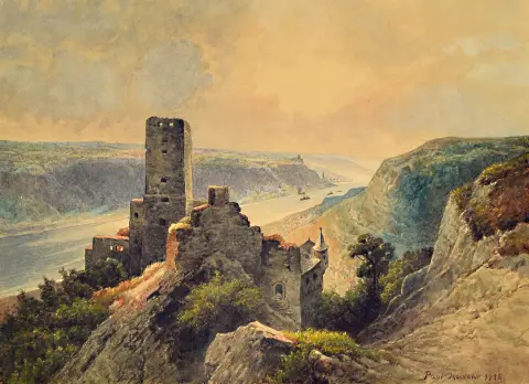 Paul Hoeveler, artiste vers 1900, paysage rhénan avec les ruines du château de Gutenfels, aquarelle,