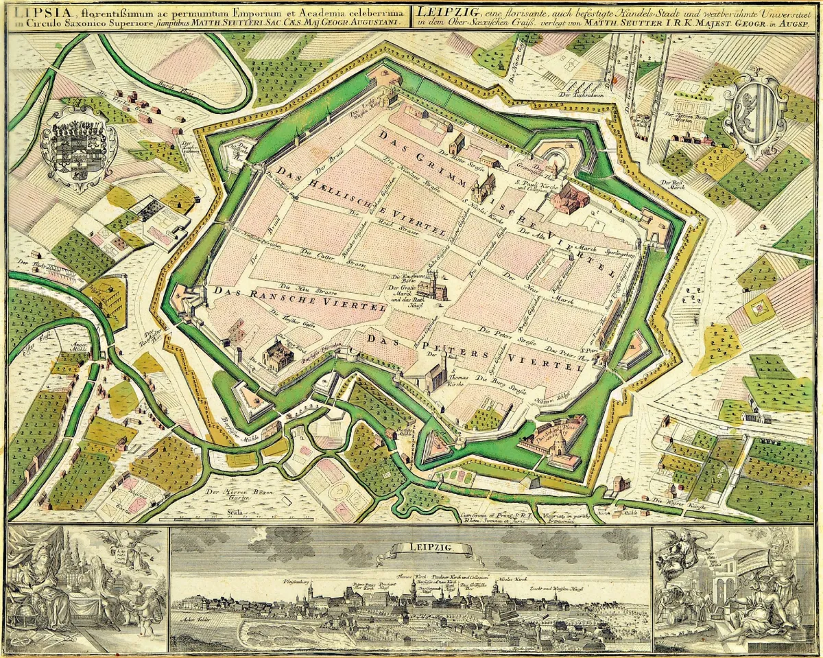Twee historische gegraveerde kaarten: a. Leipzig, Math.Seutter, ingekleurd, ca. 46 x 28 cm