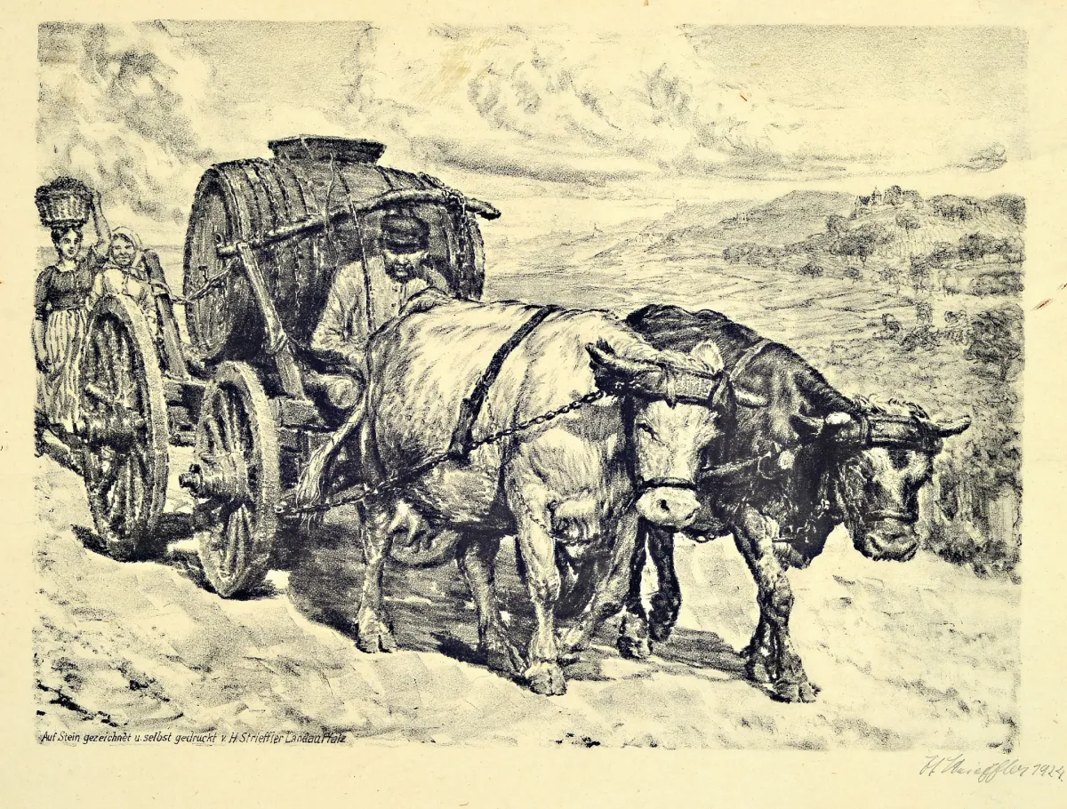 Heinrich Strieffler, 1872 Neustadt-1949, 4 lithographies sur la viticulture, vendanges