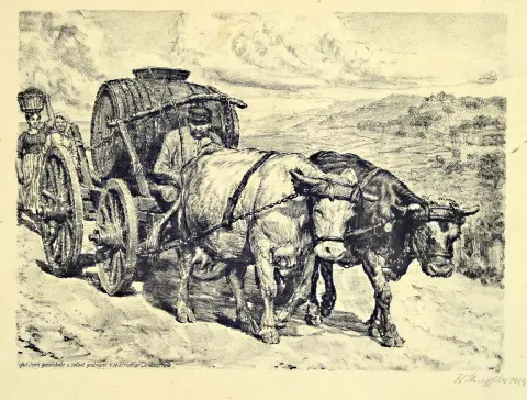 Heinrich Strieffler, 1872 Neustadt-1949, 4 lithographies sur la viticulture, vendanges