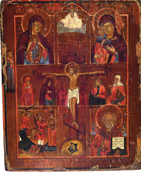 Icône multi-panneaux avec Crucifixion, lipovène ou Ukraine/Roumanie, fin 19e s., tempera