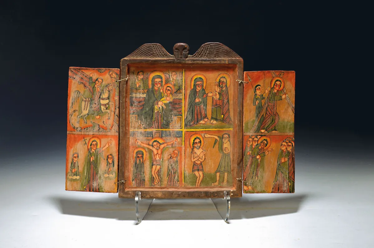 Icône d'autel pliable copte / triptyque, éthiopien-orthodoxe, probablement 2e moitié du 20e