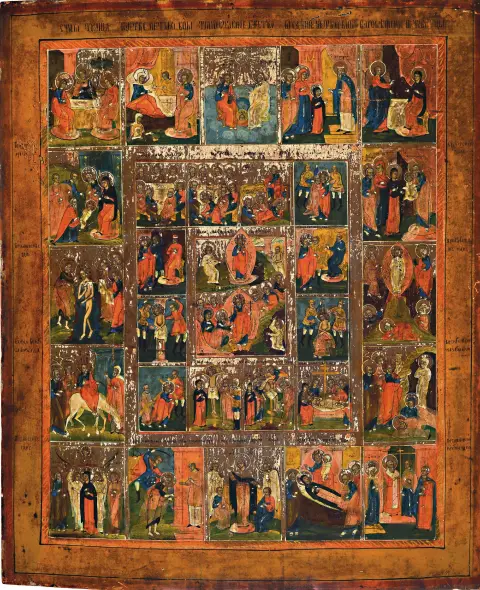 Icône à plusieurs champs, Russie, 1re moitié du 19e s., tempera sur bois, cycle des fêtes avec