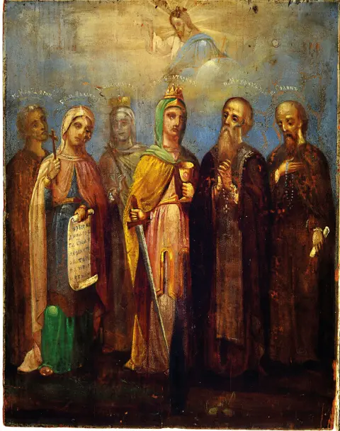 Icône de la Toussaint, grecque, 19e s., tempera sur bois, 6 saints sous le bénissant