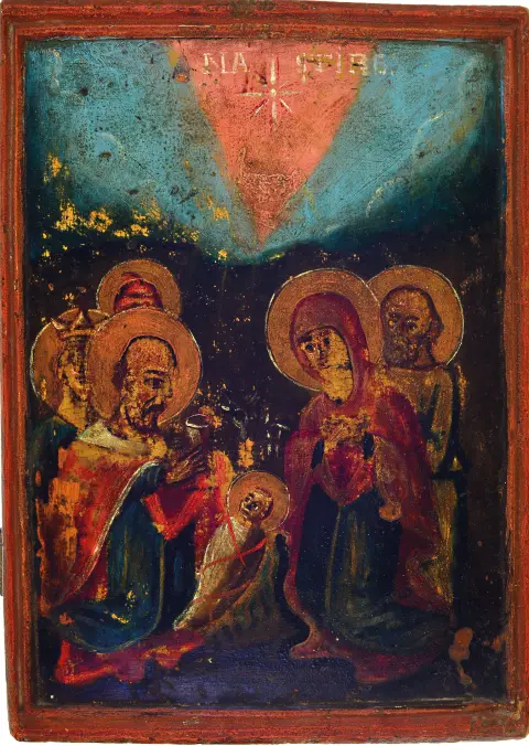 3 icônes, grecques, 19e s., Nativité du Christ, 48x34 cm, dommages de surface ; saint Georges