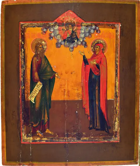 Icône avec la prophétesse Anne et Siméon, Russie, 19e s., tempera sur bois,