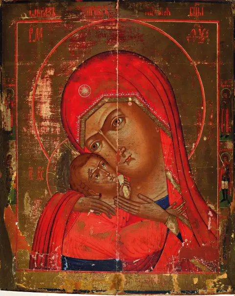 Icône de la Mère de Dieu Glykophilousa, russe, milieu du 19e s., tempera sur bois, fond doré,