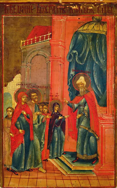 Icône, Russie, 19e s., Marie est présentée par ses parents Joachim et Anne au grand prêtre