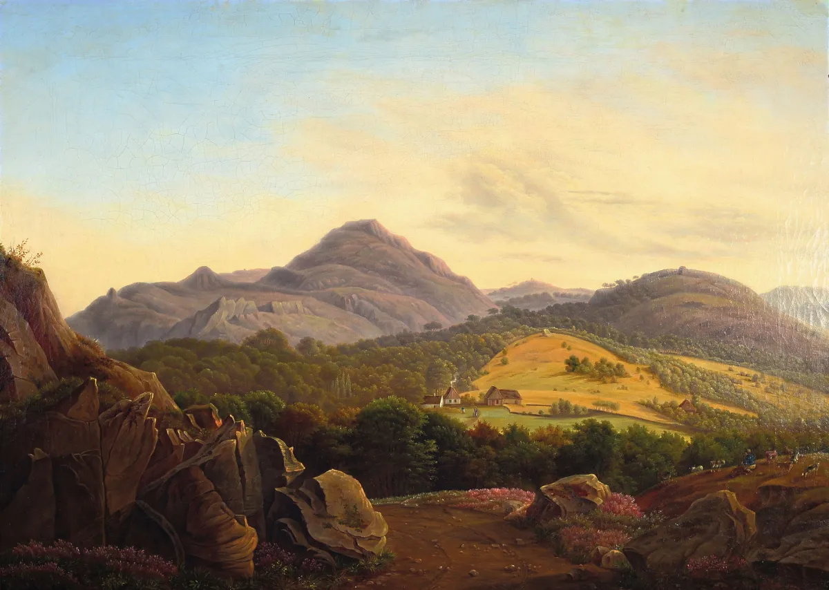 Monogrammist P.K., gedateerd 1844, samengesteld landschap waarschijnlijk met Balkanreferentie, linksonder