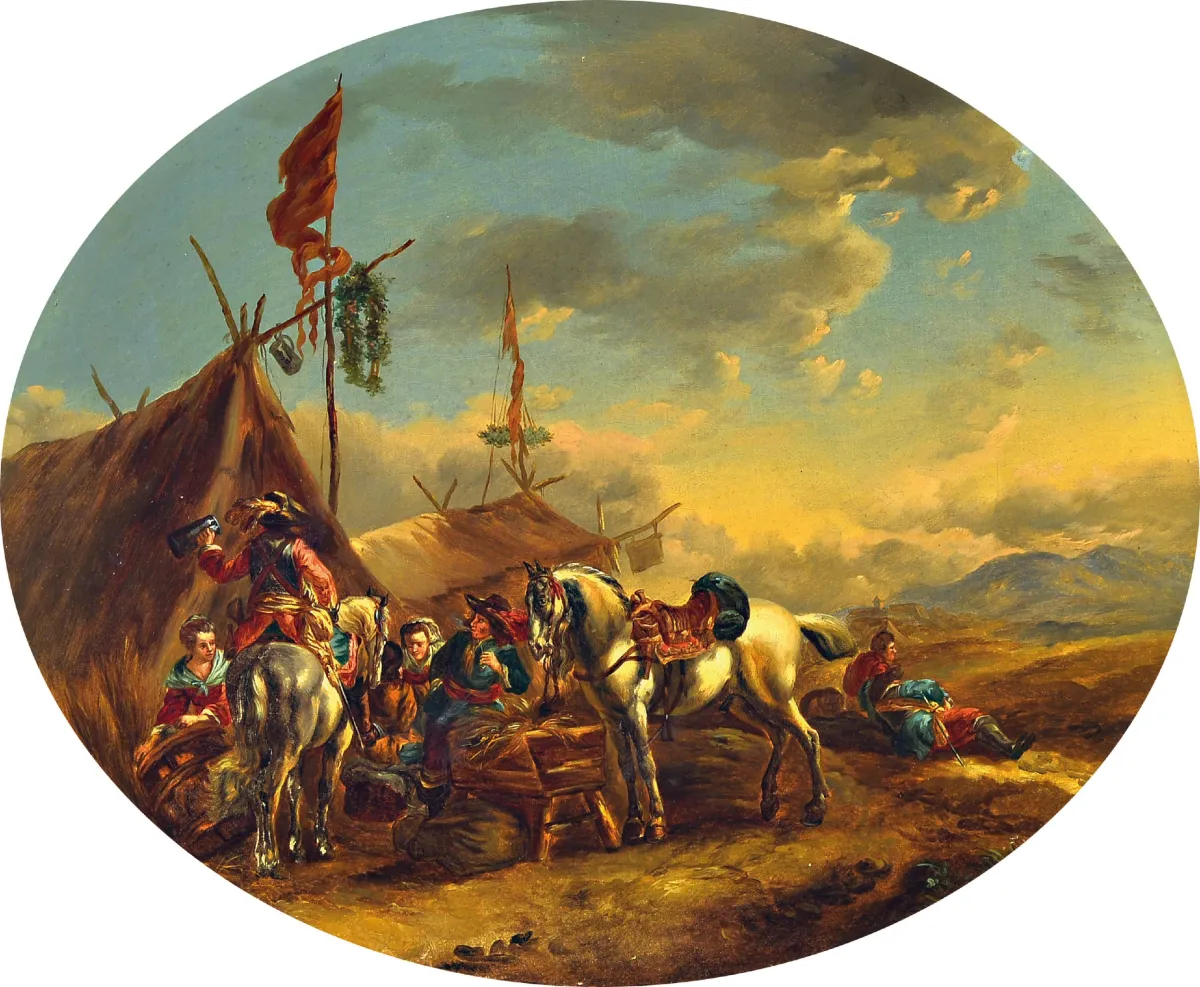 Suiveur de Philips Wouwerman (1619-1668), 18e s., compagnie se reposant devant