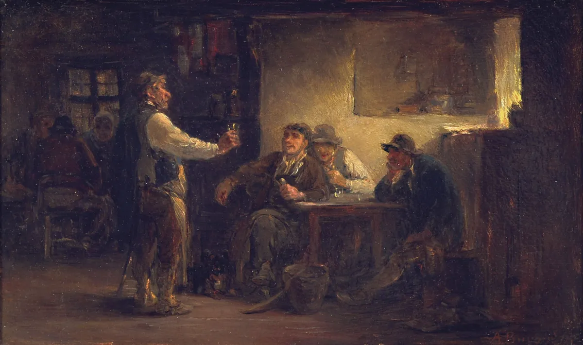 Anton Burger, 1824 Frankfurt-1905 Kronberg, interiér hostince, hostinský skupiny