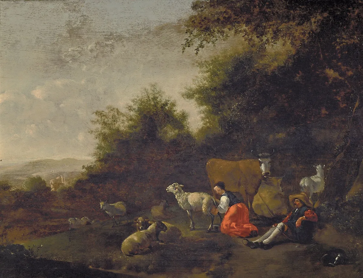 Николас Питерс Беркем, 1620-1683, пасторальный пейзаж с пастухами на отдыхе,