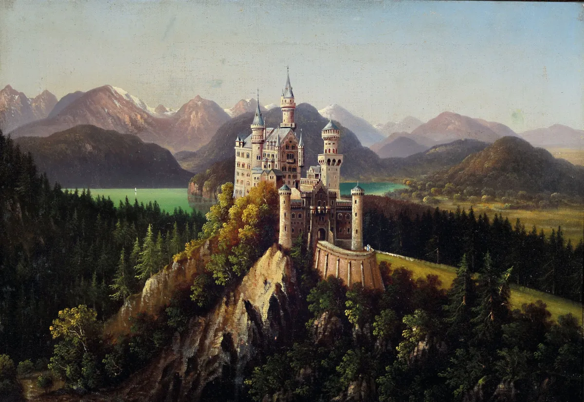 Hubert Sattler, 1817-1904 Vienne, Vue du château de Neuschwanstein, en arrière-plan le