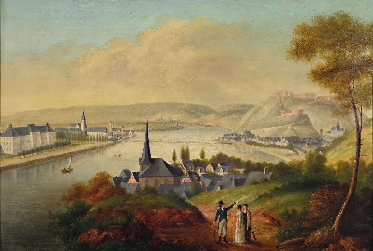 Monogrammiste J.B., allemand, vers 1830, Vue de Coblence, huile sur bois, restauré