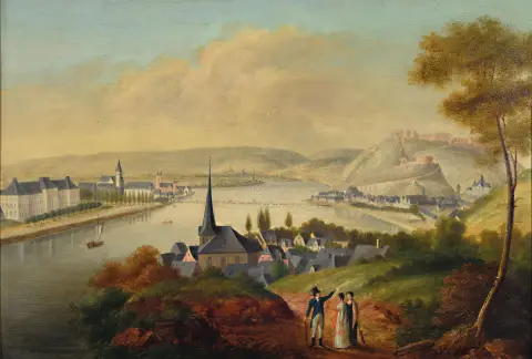 Monogrammiste J.B., allemand, vers 1830, Vue de Coblence, huile sur bois, restauré