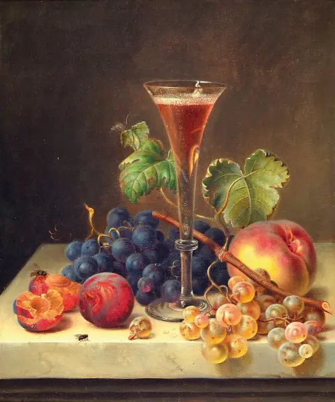 Jakob Lehnen, 1803 Hinterweiler-1847 Coblence, Nature morte avec verre de champagne, raisins,