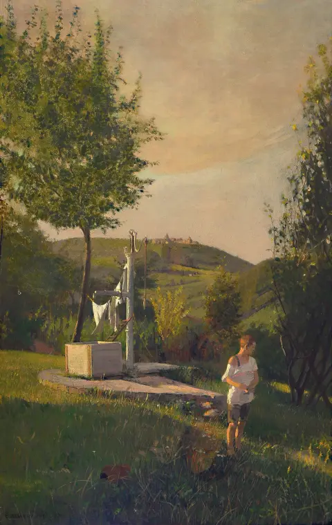 Emanuel Baschny, 1873 Sternberg-1932 Vienne, jardin estival avec un garçon,