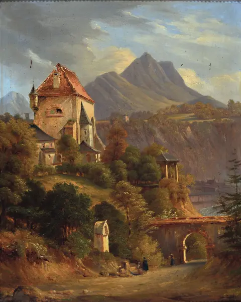 Romantique inconnu du 19e siècle, Château dans les montagnes, au premier plan des personnes sur