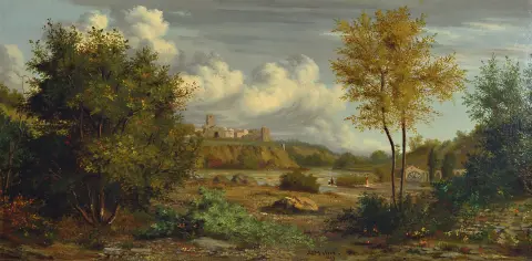 J.J. Mallet, daté 1819, paysage italien avec ville sur la rive haute d'un
