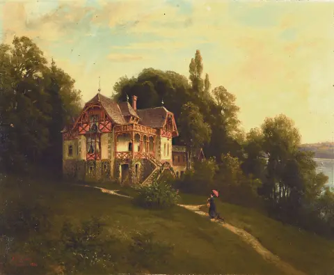 Gustav Adolf Horst, peintre allemand du 19e s., promeneuse devant une villa