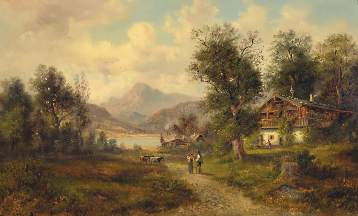 Emile Durieux, artiste français du 19e s., paysage alpin avec fermes