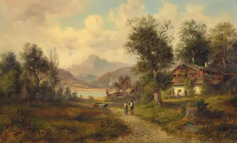 Emile Durieux, artiste français du 19e s., paysage alpin avec fermes